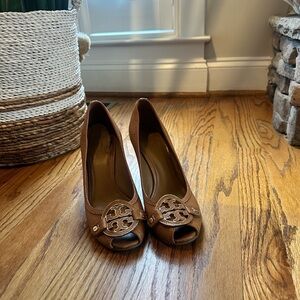 Tory Burch Tan Peep-Toe Wedges